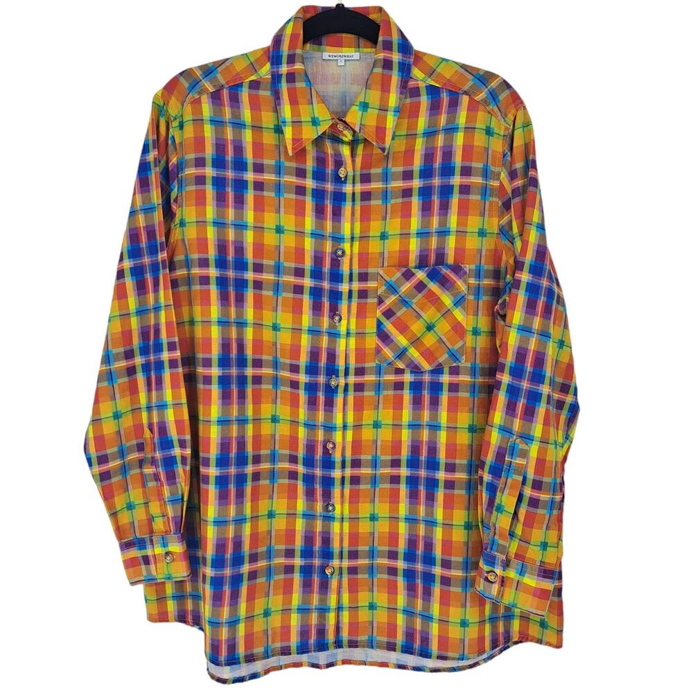 We Wore What Oversized Dad Shirt Rainbow Plaid Linen Blend Women's Size S Small